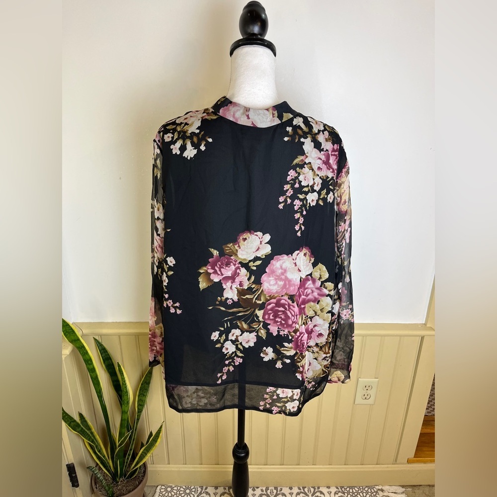 Vintage Silk Floral Blouse 3X Sheer Sleeve Frog Closure Goth Boho - Picture 4 of 12